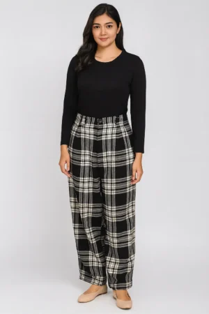 Celana Kulot Motif Kotak-Kotak Pinggang Tinggi