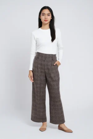 Celana Kulot Flare Motif Kotak Pinggang Tinggi
