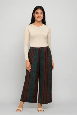 Celana Kulot Motif Etnik Bergaris Toska-Marun
