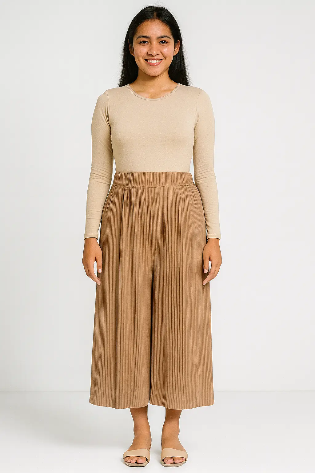 Celana Kulot Plisket Khaki Muda
