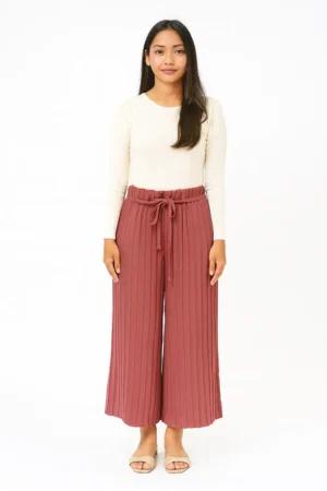 Celana Kulot Plisket Karet Warna Mauve