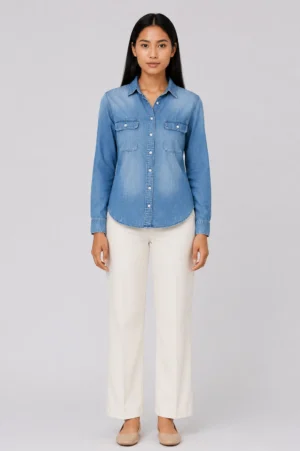 Kemeja Denim Wanita Lengan Panjang Casual