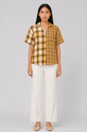 Kemeja Kotak-Kotak Mustard Casual Wanita