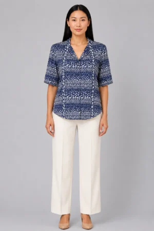 Kemeja Wanita Motif Floral Navy Santai