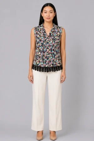 Blouse Crop Wanita Floral Tanpa Lengan dengan Renda