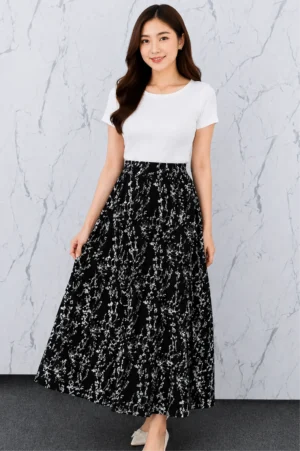 Rok Midi Floral Hitam Putih Wanita