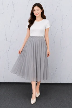 Rok Plisket Abu-Abu Elegan