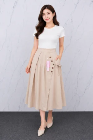 Rok Midi Krem Detail Kancing