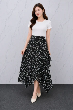 Rok Floral Hitam Biru Asimetris