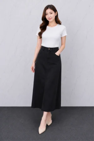 Rok Midi Denim Hitam Simpel