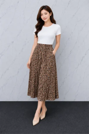 Rok Plisket Motif Leopard Coklat