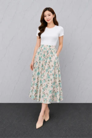 Rok Plisket Floral Mint Wanita