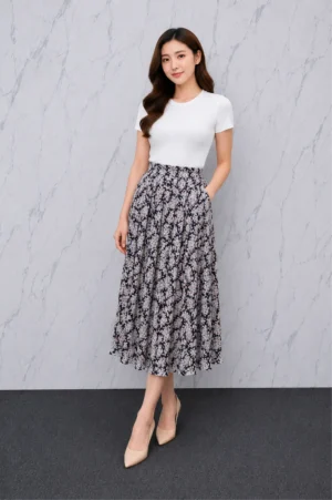 Rok Floral Mini Pleats Hitam