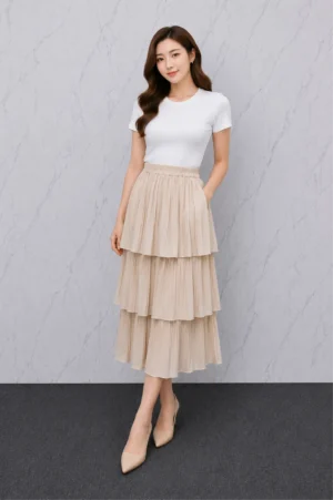 Rok Tiered Plisket Nude Wanita