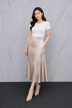 Rok Satin Champagne Midi