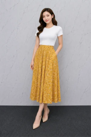 Rok Plisket Motif Floral Kuning Mustard