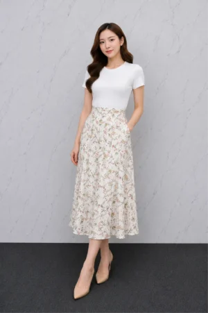 Rok Midi Floral Cream Feminine