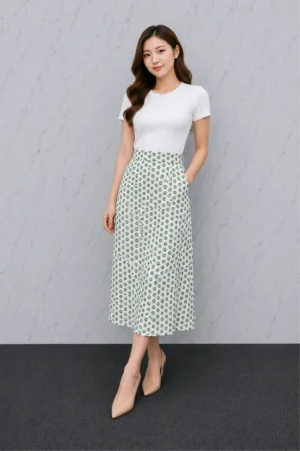 Rok Midi Motif Clover Hijau