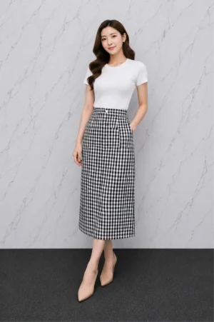 Rok Midi Kotak-Kotak Hitam Putih