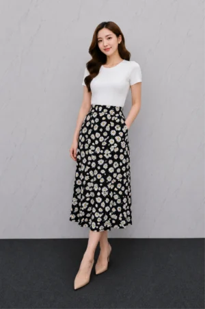 Rok Midi Motif Daisy Hitam