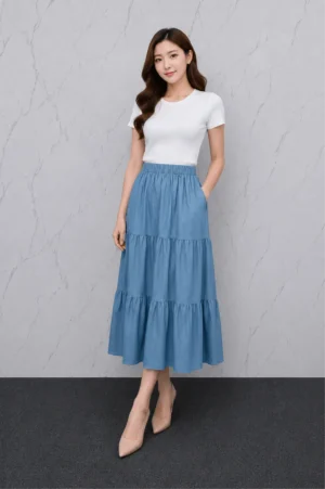 Rok Denim Layer Midi Biru Muda