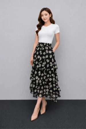 Rok Layer Motif Daisy Hitam
