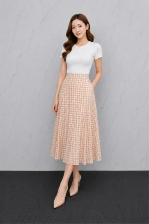 Rok Midi Gingham Coklat Susu