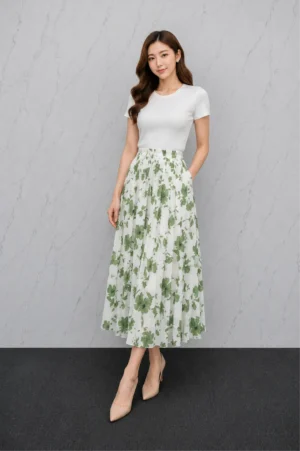 Rok Plisket Floral Hijau Wanita Midi Casual