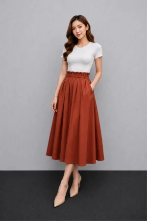 Rok Midi Coklat Bata High Waist Elegan