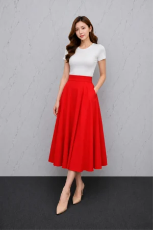 Rok Midi Merah Orange A-Line Casual Wanita