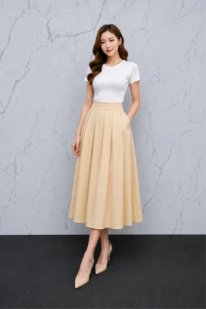 Rok Midi Cream High Waist Wanita Elegant