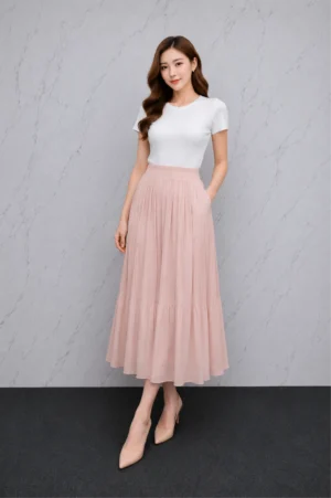 Rok Plisket Pink Pastel Midi Wanita