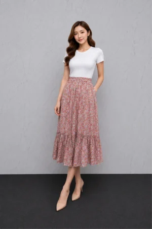 Rok Panjang Floral Peach Ruffle Wanita