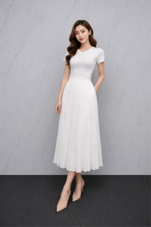 Rok Plisket Putih Midi Elegant Wanita