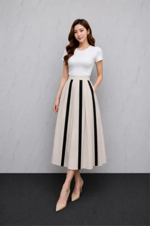 Rok Midi Cream List Hitam Fashion Wanita