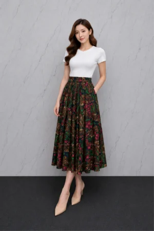 Rok Floral Coklat Wanita Casual Midi