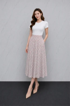 Rok Midi Motif Bunga Mini Putih Merah