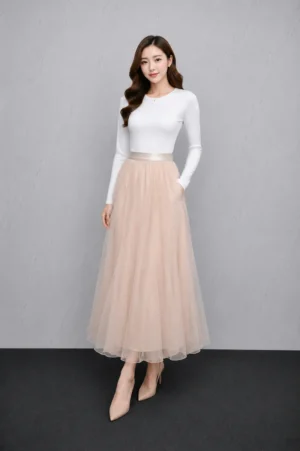 Rok Tulle Panjang Peach Soft Wanita