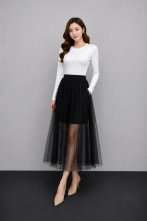 Rok Tulle Midi Hitam Transparan Wanita