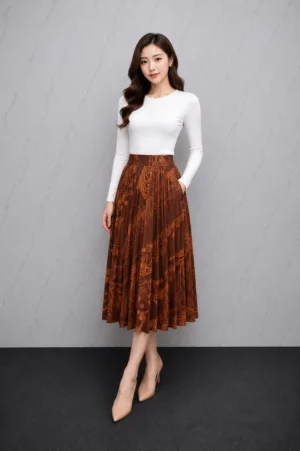 Rok Midi Motif Coklat Floral Wanita
