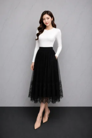 Rok Tulle Hitam Lace Elegan Wanita