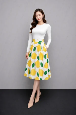 Rok Midi Motif Lemon Putih Wanita