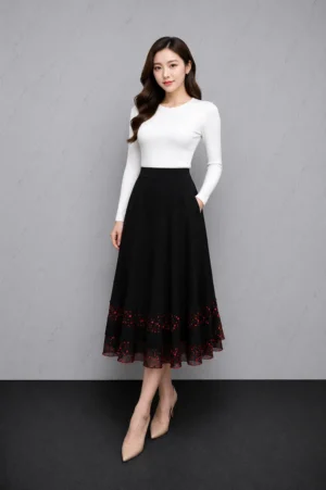 Rok Panjang Hitam Detail Merah Wanita