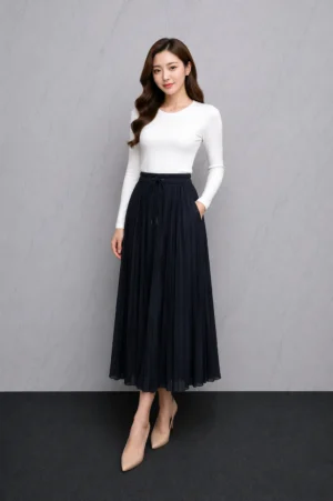 Rok Plisket Navy Tali Pinggang Wanita