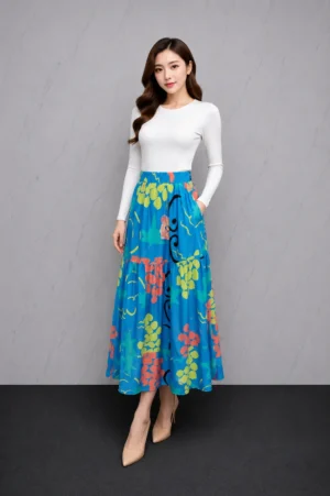 Rok Panjang Motif Floral Biru Cerah Wanita