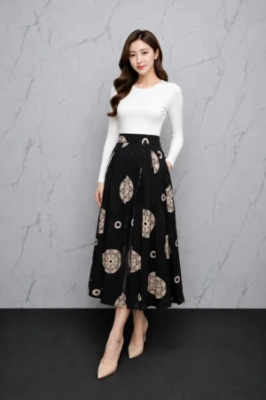 Rok Motif Bulan Hitam Beige Wanita