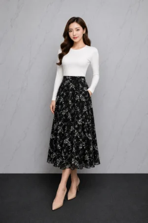 Rok Panjang Motif Floral Hitam Putih Wanita