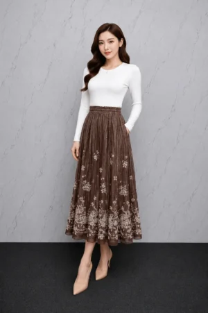 Rok Plisket Floral Coklat Wanita