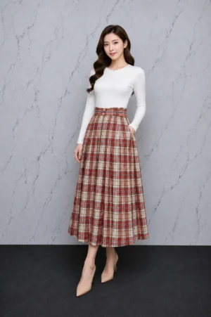 Rok Midi Kotak Merah Klasik Wanita