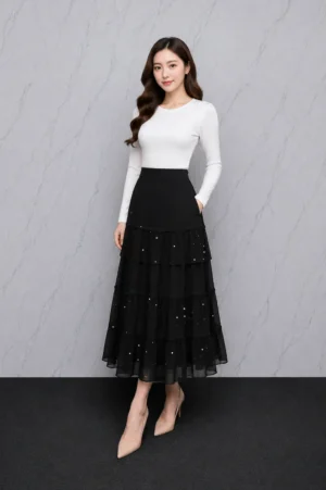 Rok Layer Hitam Mutiara Wanita